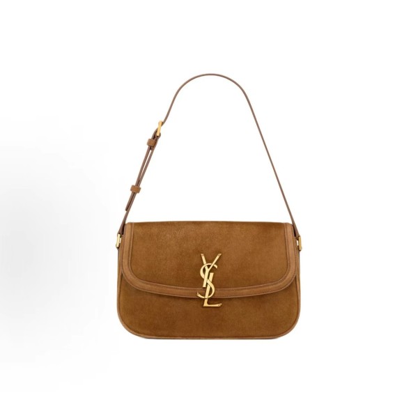 SAINT LAURENT YSL SOLFERINO distressed bronze metal accessory shoulder bag, medium size for women in brown